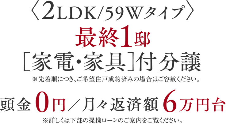 ＜2LDK/59Wタイプ＞ 最終1邸 ［家電・家具］付分譲 頭金 0円／月々返済額 6万円台